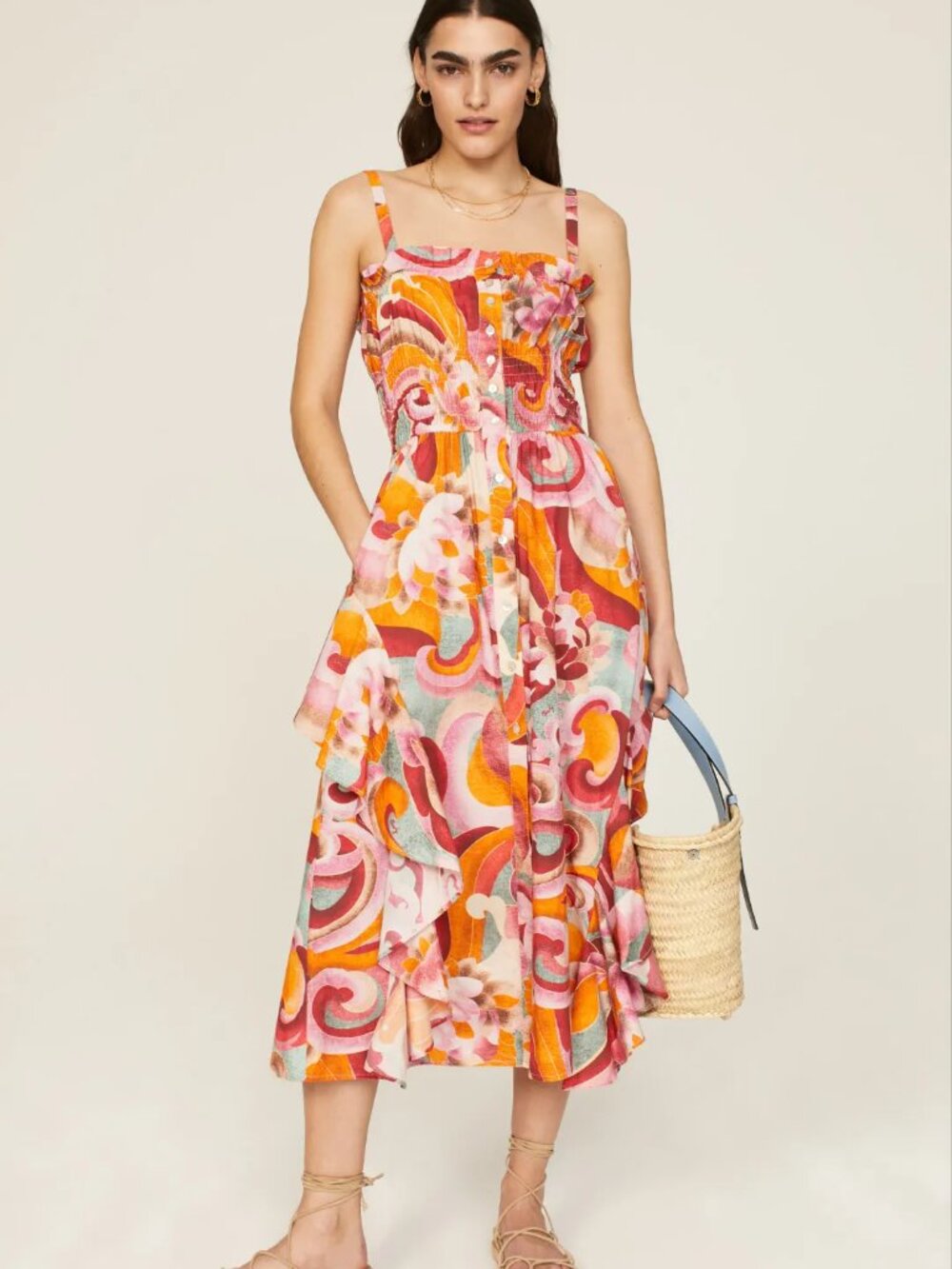 CHUFY Tau Dress Pink Orange Swirl Midi Smocked Ruffle Organic Cotton Boho Sun